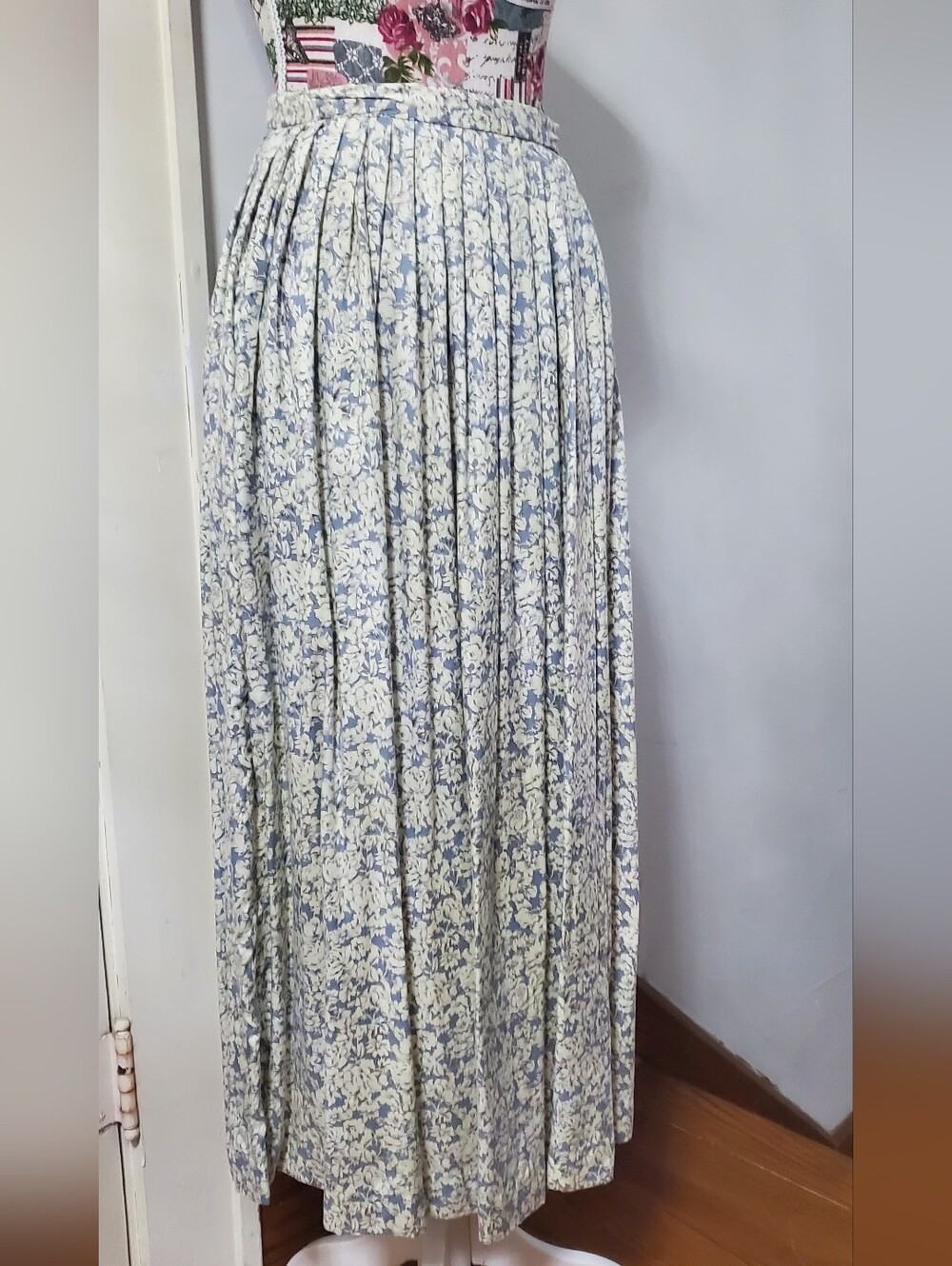 Light Blue Floral Pleated Maxi Skirt by Herman Geist